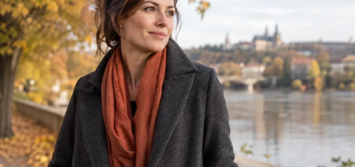Žena má měděně zbarvenou šálu pohodlně vloženou do výstřihu tmavého kabátu