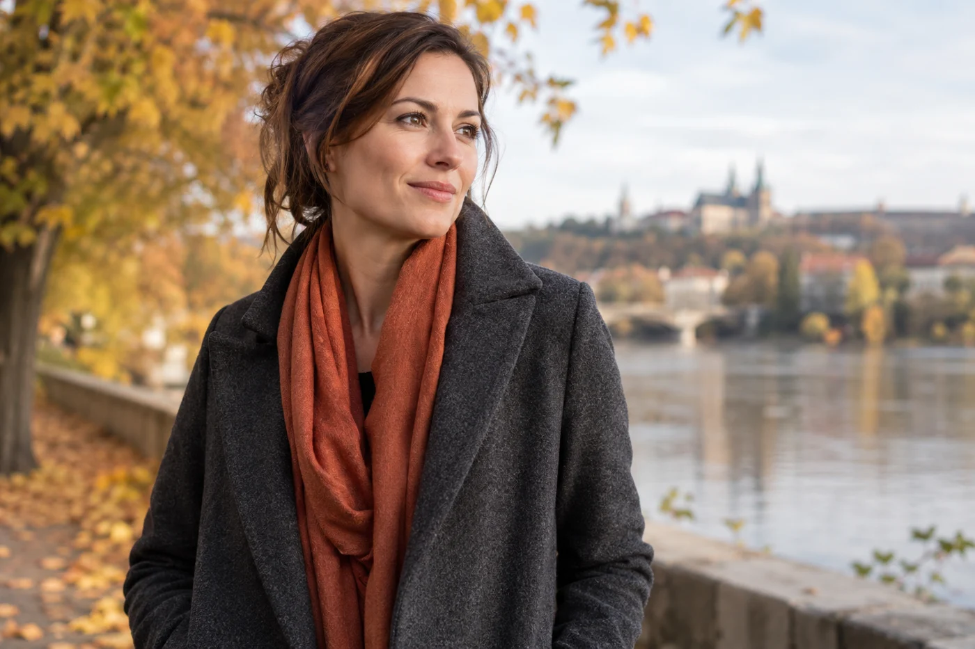 Žena má měděně zbarvenou šálu pohodlně vloženou do výstřihu tmavého kabátu