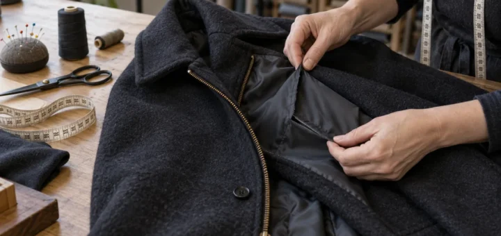 Ruce krejčího prohlížejí zip a otevřený šev podšívky tmavého kabátu