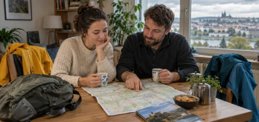 Dva přátelé plánují víkend u stolu s mapou, taškou a bundami při zataženém počasí