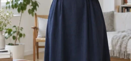 Žena upravuje hnědý pásek na tmavých šatech v přirozeném denním světle
