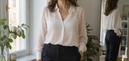 Žena ve světlé průsvitné halence přes neprůhledný top u zrcadla