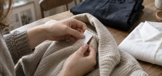 Ruce prohlížejí všitý štítek uvnitř béžového svetru na stole