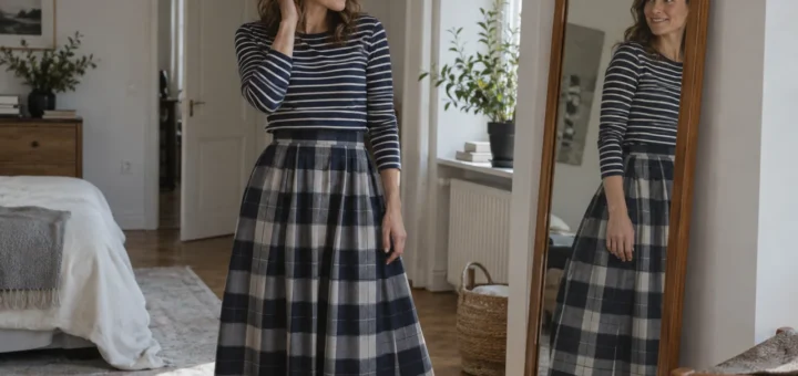 Žena kombinuje jemně proužkovaný vršek s tmavou kostkovanou sukní