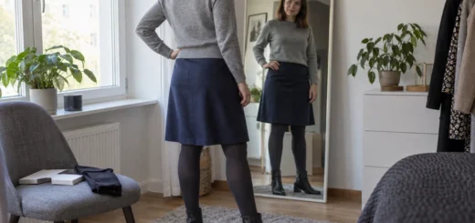 Žena kontroluje tmavou sukni s krycími punčocháči a kotníkovými botami u zrcadla