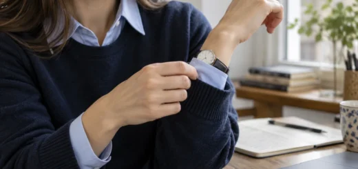 Ruce upravují manžetu košile a svetru kolem hodinek u pracovního stolu