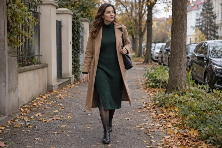 Úpletové šaty v celém outfitu: spodní vrstva, svrchník a pohyb