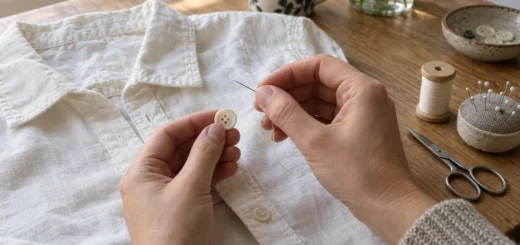 Ruce připravují přišití světlého knoflíku na košili, vedle jsou nit a nůžky