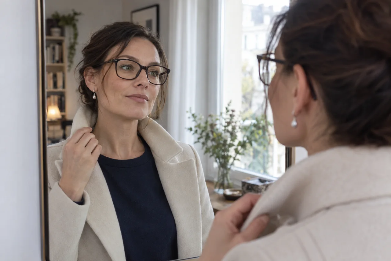 Žena s brýlemi a stříbrnými náušnicemi kontroluje límec světlého kabátu v zrcadle