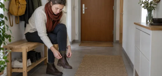 Žena zavazuje botu na dřevěné lavici v předsíni s volným průchodem