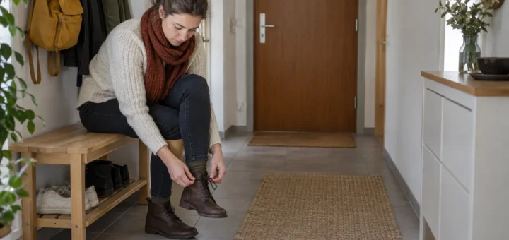 Žena zavazuje botu na dřevěné lavici v předsíni s volným průchodem