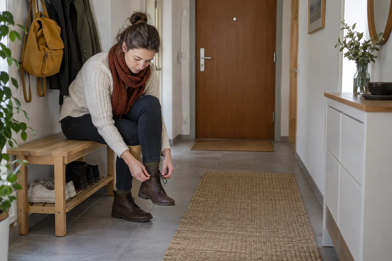 Žena zavazuje botu na dřevěné lavici v předsíni s volným průchodem
