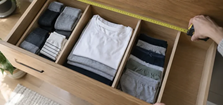 Otevřená zásuvka s přepážkami, složeným oblečením a měřením vnitřní šířky