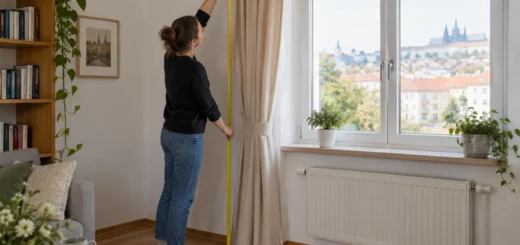 Žena měří délku béžového závěsu od uchycení k podlaze u okna