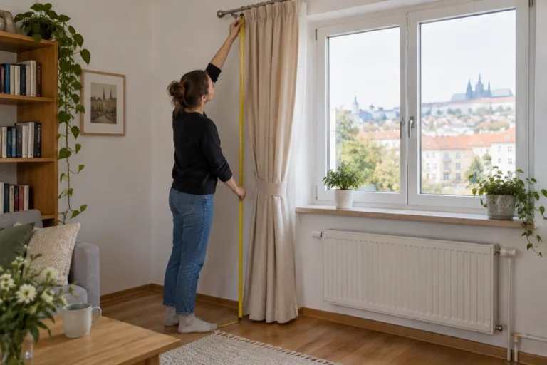 Žena měří délku béžového závěsu od uchycení k podlaze u okna