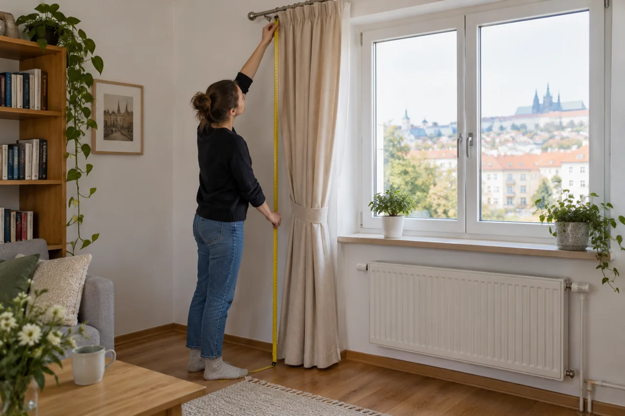Žena měří délku béžového závěsu od uchycení k podlaze u okna