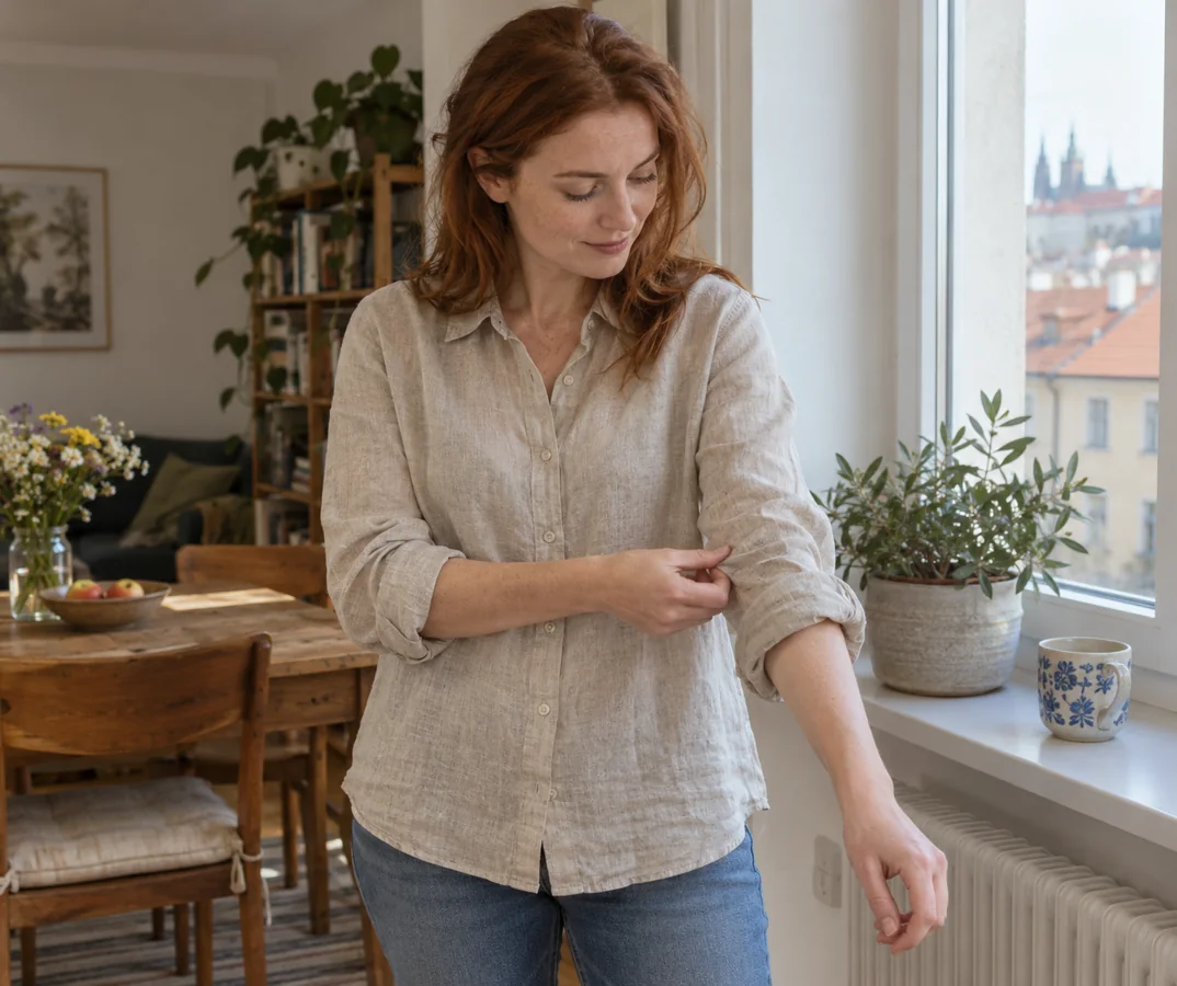 Žena v přírodní lněné košili u okna prohlíží záhyby na rukávu