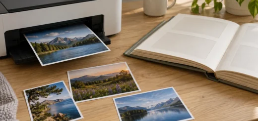 Několik vytištěných fotografií krajiny u domácí tiskárny a prázdného alba