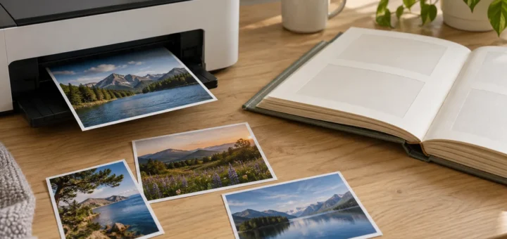 Několik vytištěných fotografií krajiny u domácí tiskárny a prázdného alba
