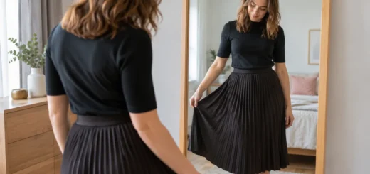 Žena před zrcadlem prohlíží sklady tmavé plisované sukně