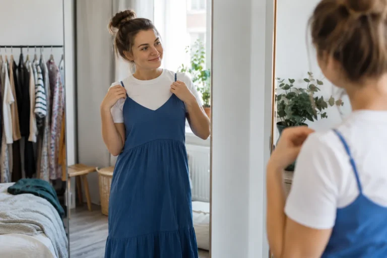 Žena u zrcadla zkouší modré šaty přes bílé tričko