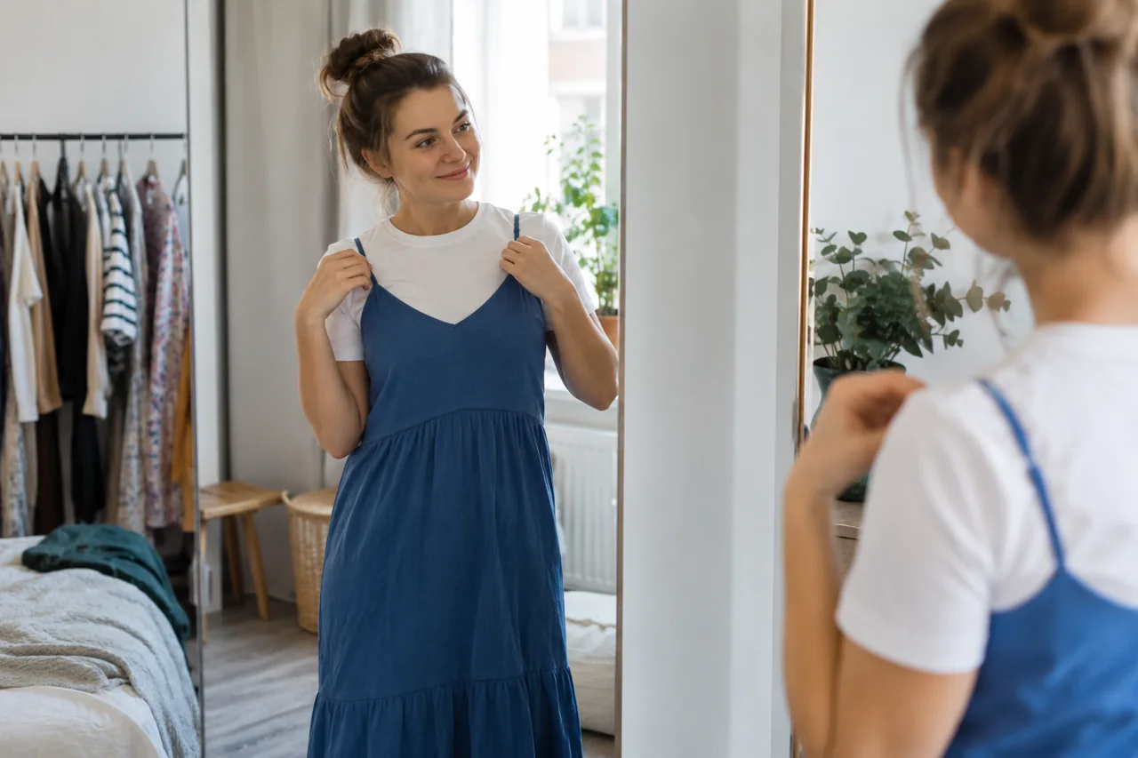 Žena u zrcadla zkouší modré šaty přes bílé tričko