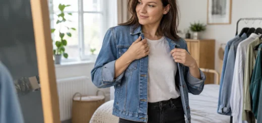 Žena zkouší nenápadnou džínovou bundu přes lehké tričko