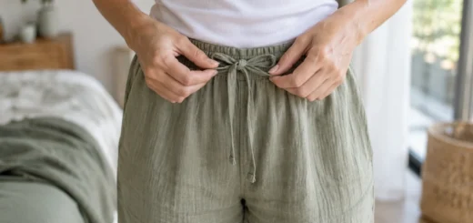 Ruce upravují uzel šňůrky na jednoduchých lehkých kalhotách