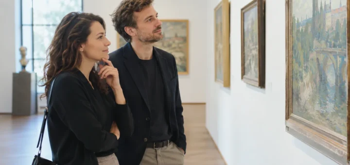 Dva dospělí prohlížejí obrazy v klidné galerii