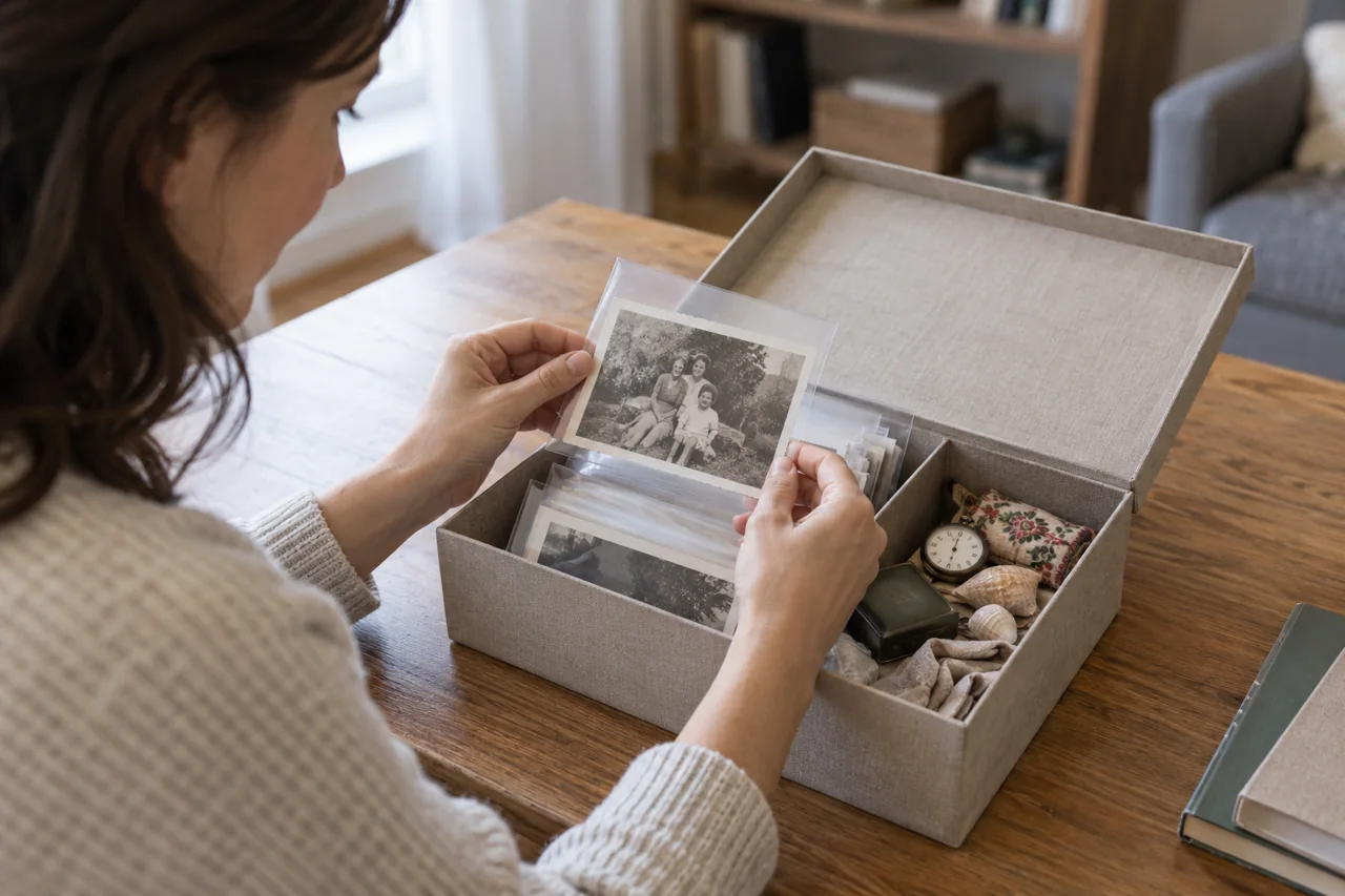 Otevřená krabice s fotografiemi a drobnými osobními památkami