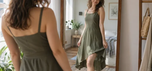 Žena u zrcadla zkouší jednoduché šaty s asymetrickým lemem