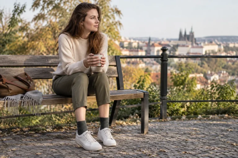 Žena sedí na lavičce v kotníkových kalhotách s jednobarevnými ponožkami