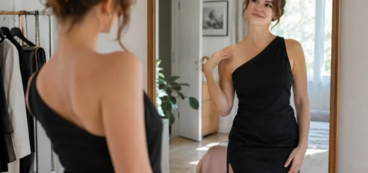 Žena u zrcadla zkouší jednoduché šaty na jedno rameno