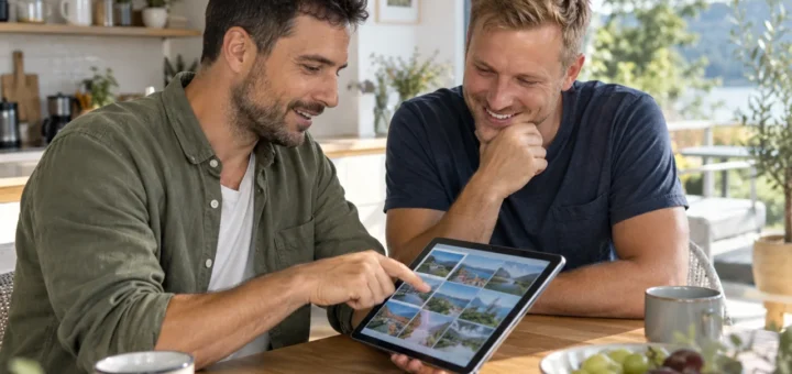 Dva přátelé u stolu společně vybírají fotografie na tabletu bez čitelných detailů