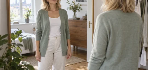Žena před zrcadlem zkouší otevřený svetr bez zapínání