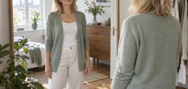 Žena před zrcadlem zkouší otevřený svetr bez zapínání