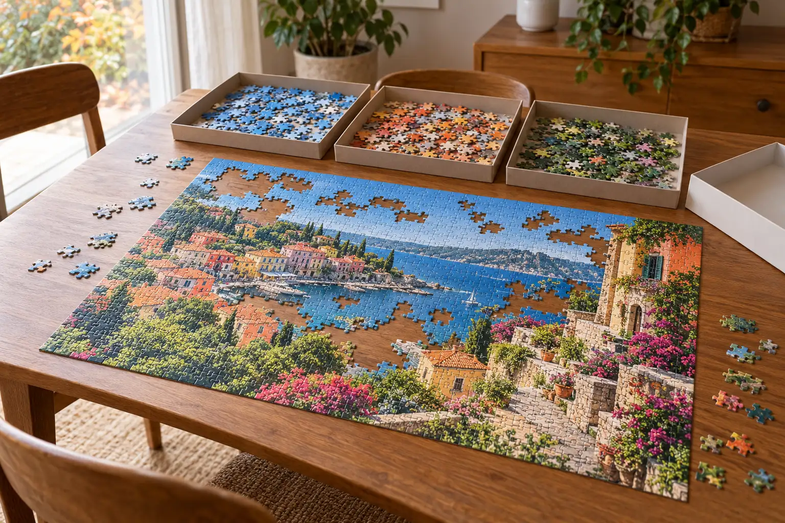 Rozpracované puzzle s barevnou pobřežní vesnicí na stole a volné dílky rozdělené do mělkých misek — ilustrační obrázek